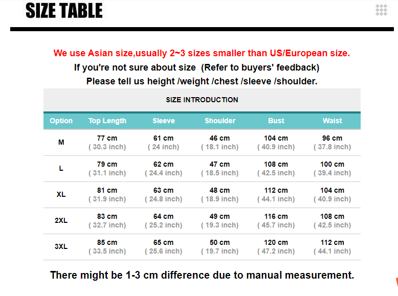 Size chart for men's clothing showing options in Asian sizing with measurements for top length, sleeve, shoulder, bust, and waist in centimeters and inches.