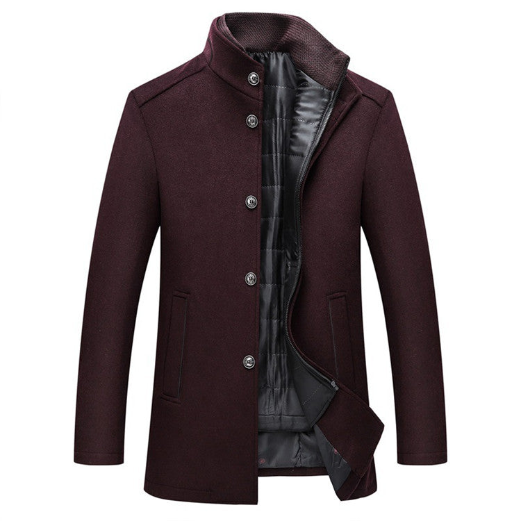 Wine red men's wool jacket with buttoned front and high collar, showing inner lining detail for warmth and style.