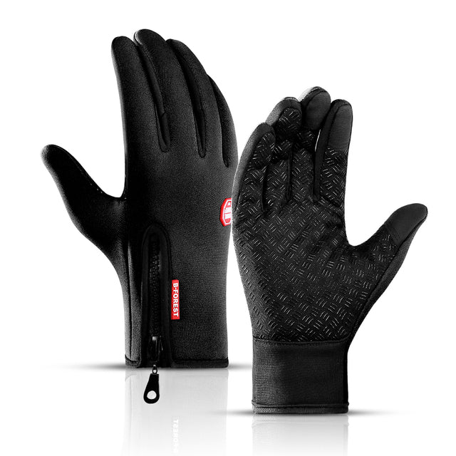 Pair of black thermal winter cycling gloves with wrist support and touch screen capability on white background