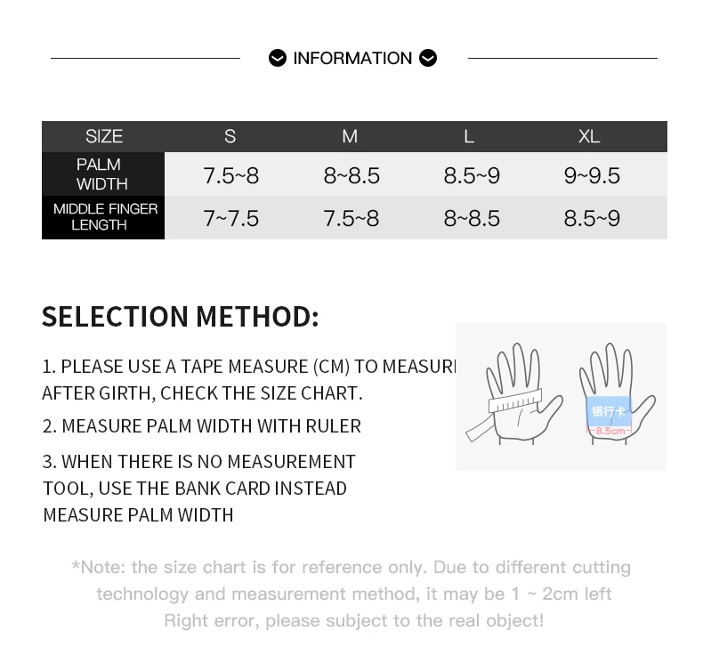 Size chart for gloves showing measurements for palm width and middle finger length in sizes S to XL, with instructions on how to measure hand size using a tape measure or ruler.