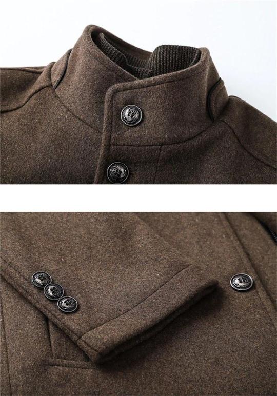 Close-up view of a brown Winter Men Wool Jacket showing button details on collar and sleeve cuff, highlighting slim fit style.