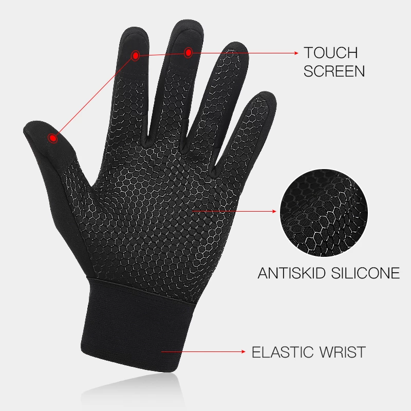 Winter cycling glove with touch screen fingertips, antiskid silicone texture, and elastic wrist support highlighted.