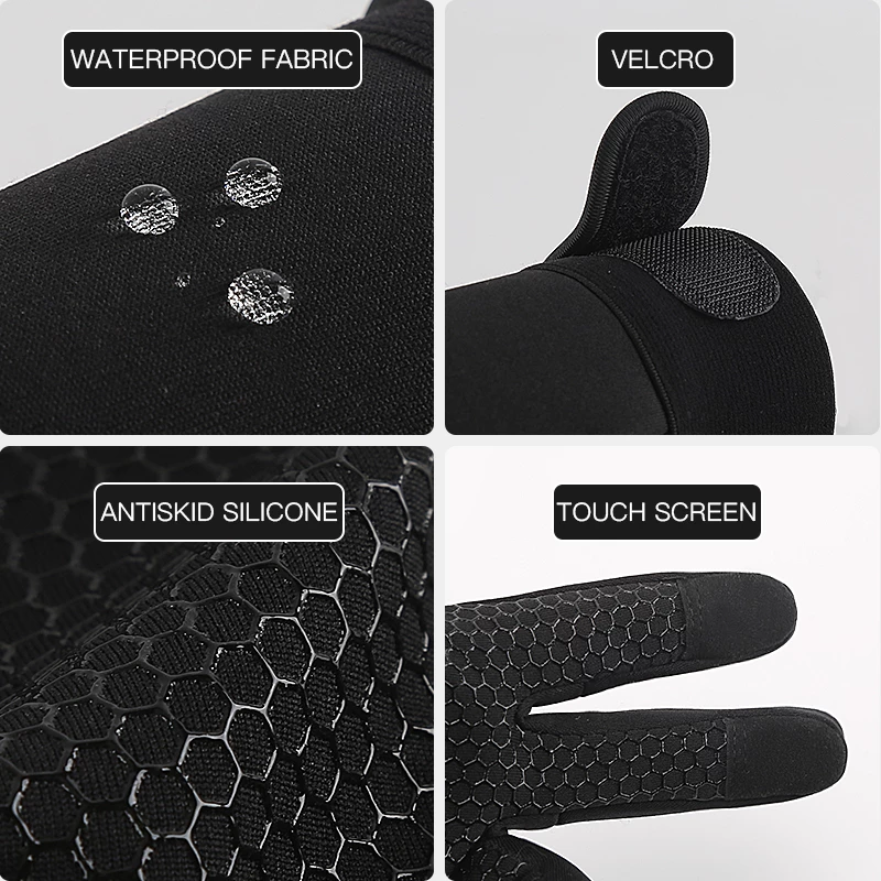 Close-up views of winter cycling gloves features: waterproof fabric, velcro wrist, antiskid silicone grip, and touch screen fingertips.