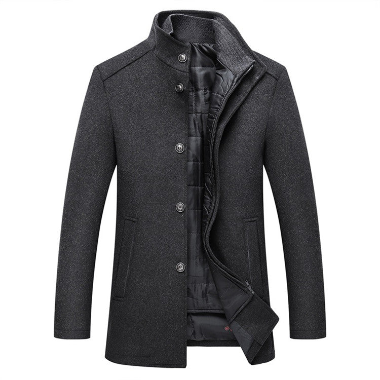 Grey Winter Men Wool Jacket Slim Fit Thick Warm Coat with button closure and stylish high collar.