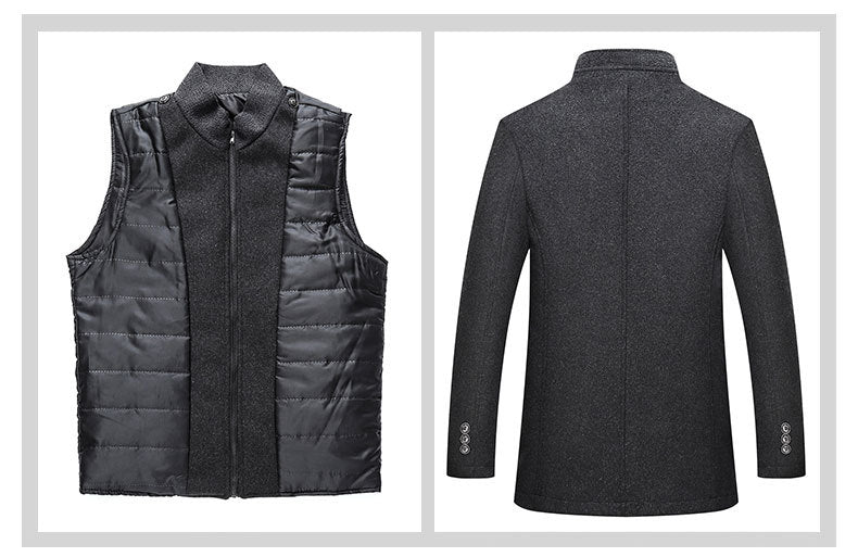 Front and back view of a men's layered winter outfit featuring a black puffer vest and a charcoal grey wool coat.