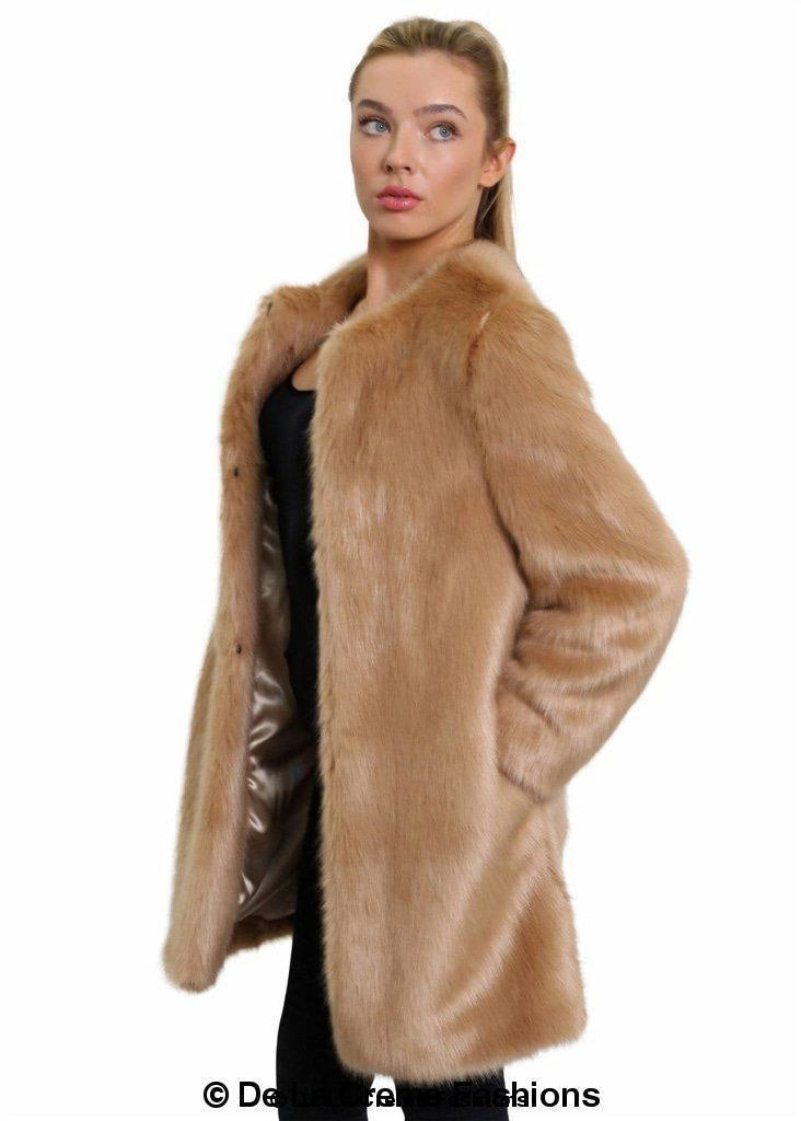 Woman modeling De La Creme Women's Faux Fur Classic Coat in Camel color, exquisite Italian fabric design