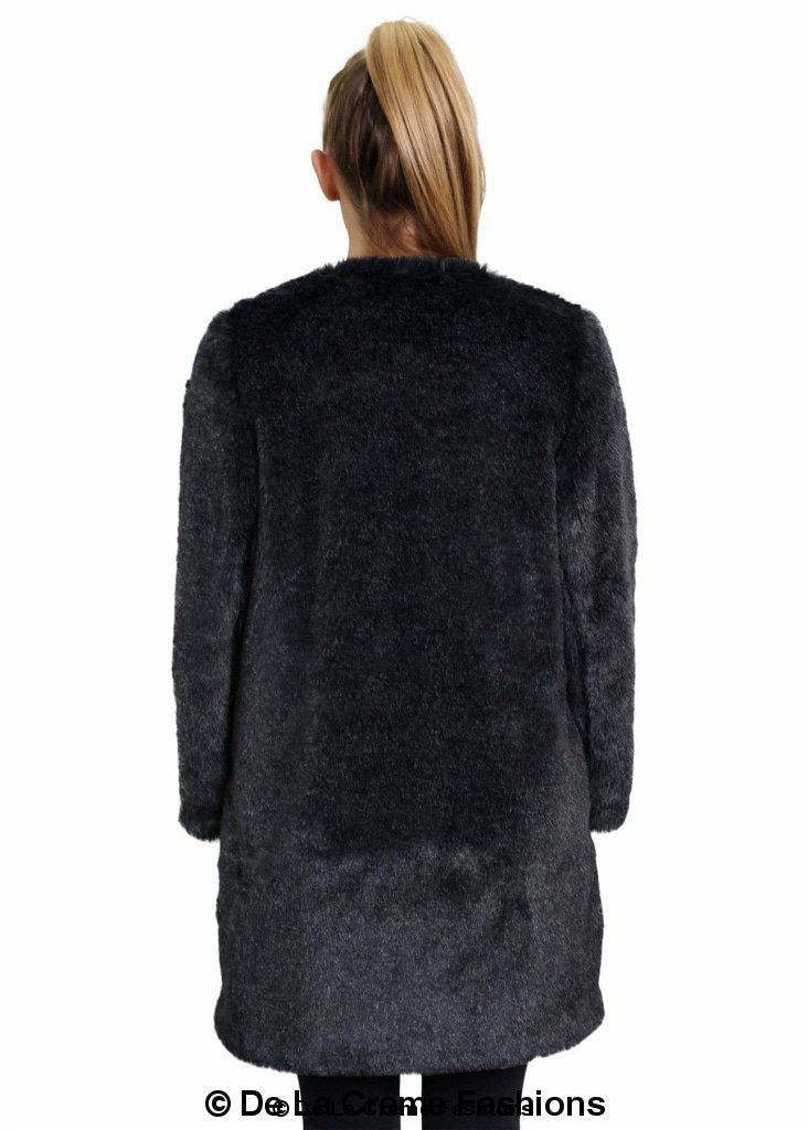 Woman wearing De La Creme Women's Grey Faux Fur Classic Coat, viewed from the back.