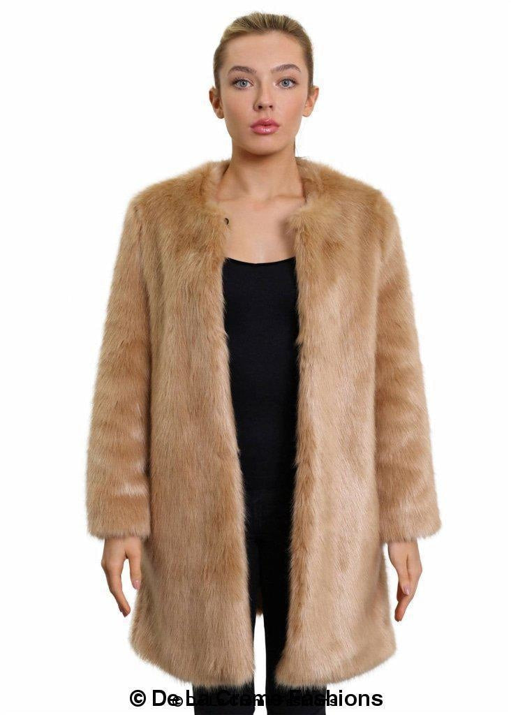 Woman modeling De La Creme Women's Camel Faux Fur Classic Coat with black top