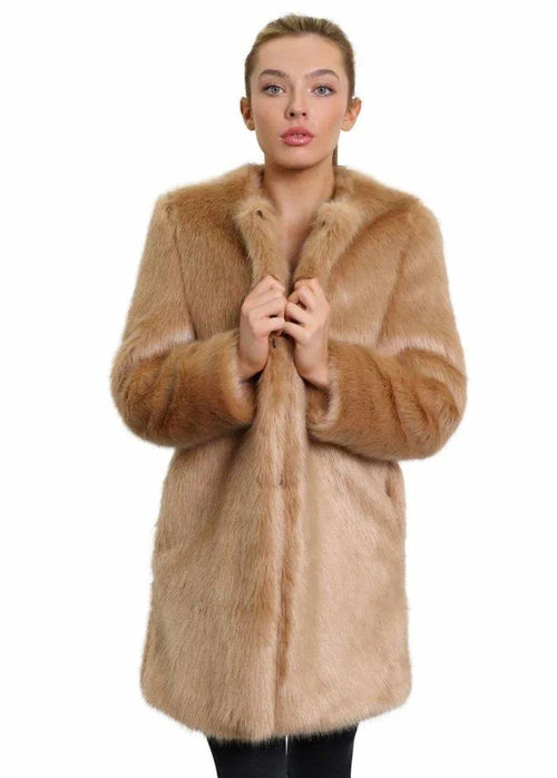 Woman in De La Creme camel faux fur classic coat looking stylish