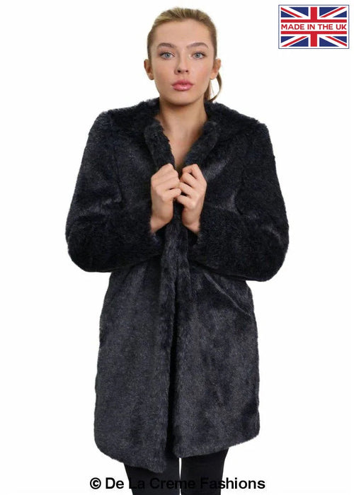 Woman modeling De La Creme Women's Faux Fur Classic Coat in grey, made in the UK