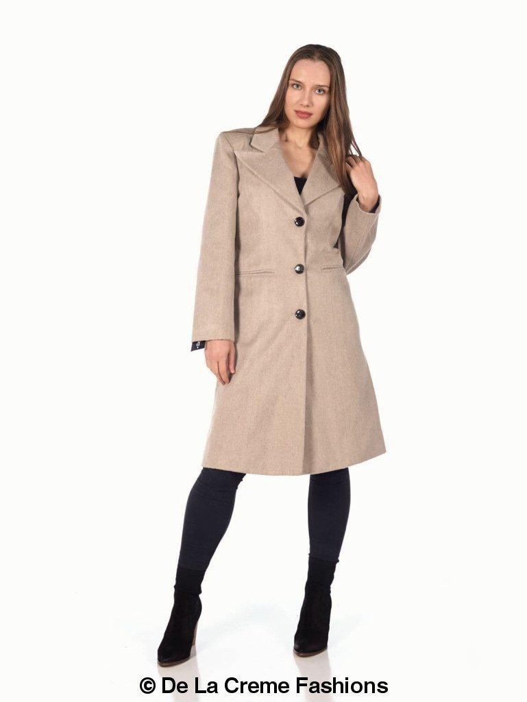 Woman modeling De La Creme Women's Mohair Blend Longline Winter Coat in beige, single-breasted design, standing pose.