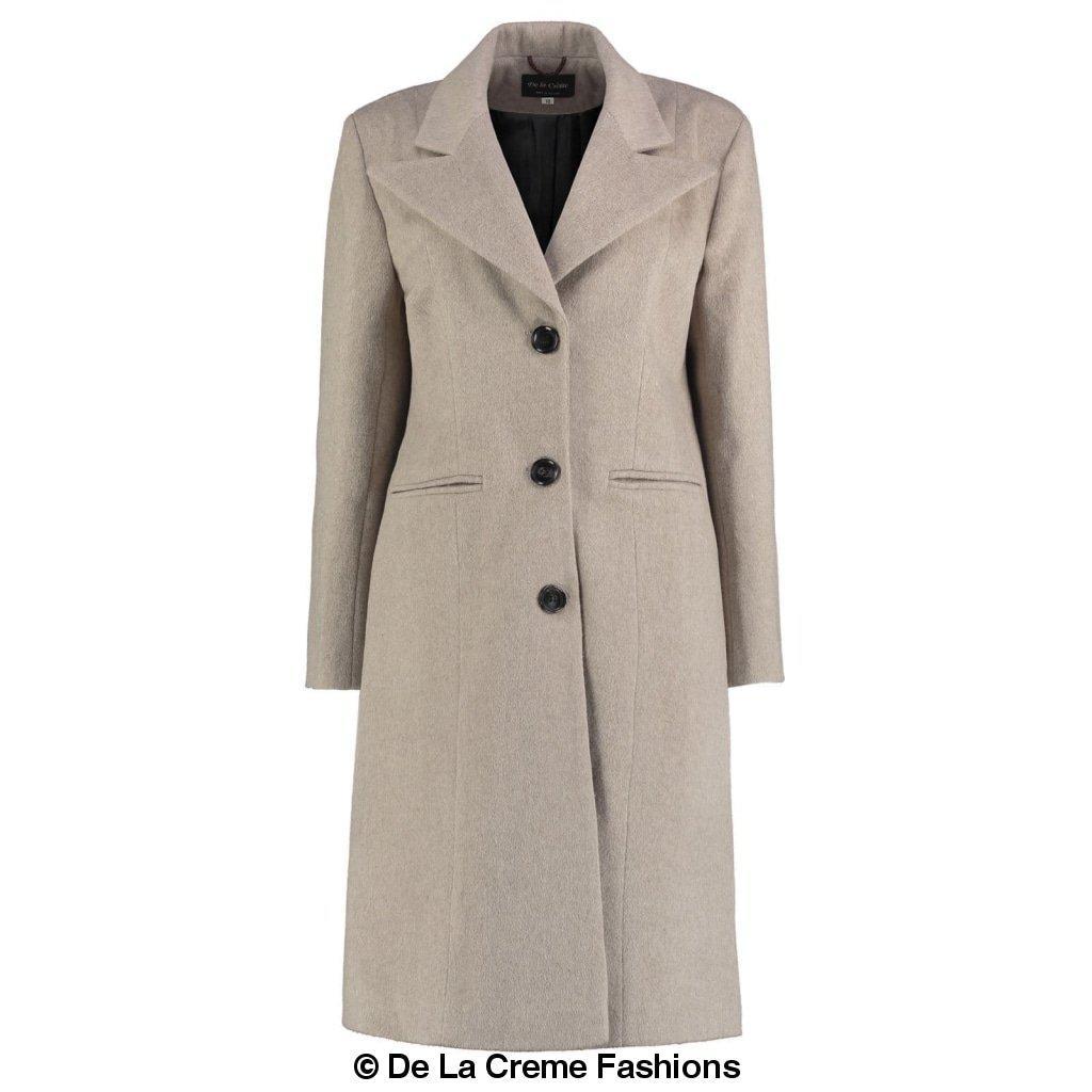 De La Creme women's mohair blend longline winter coat in beige, featuring a single-breasted design with three buttons and notched lapels.