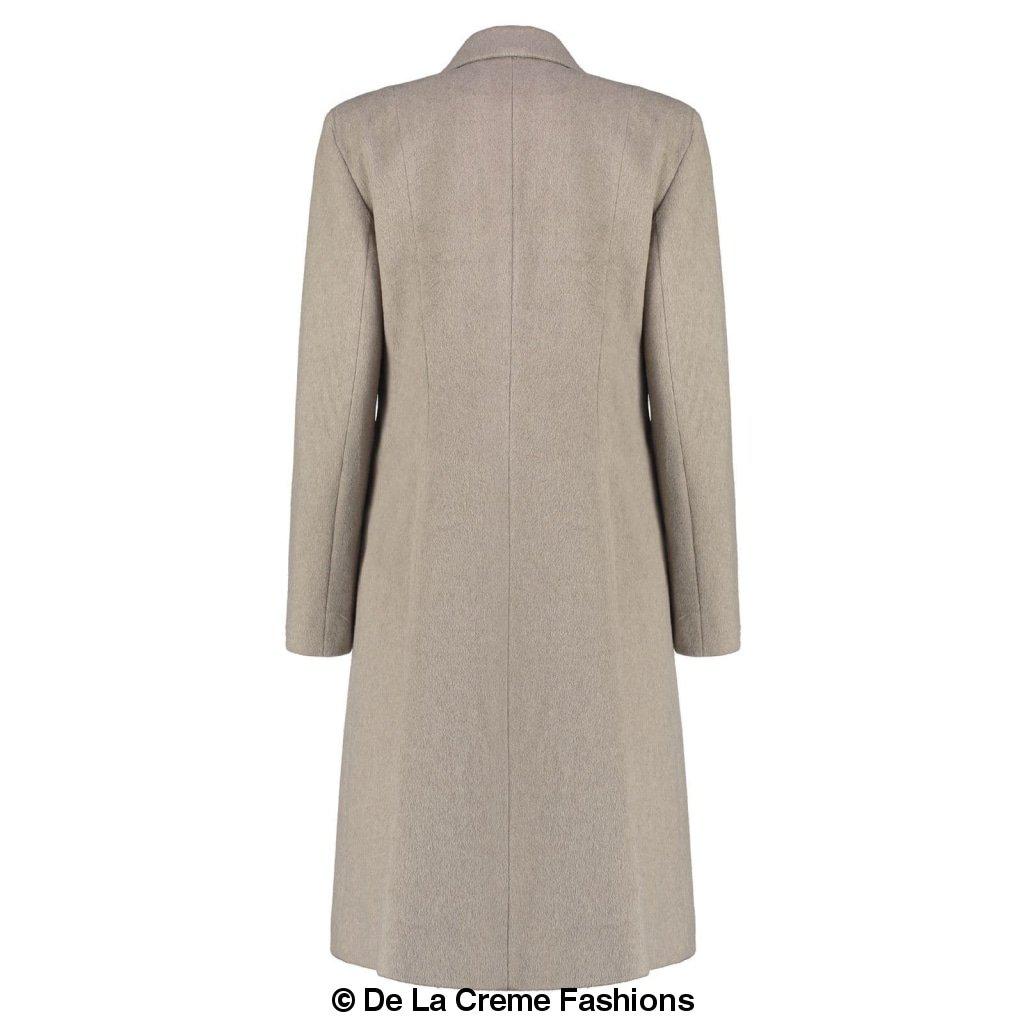 Back view of De La Creme Women's Mohair Blend Longline Winter Coat in a neutral color, highlighting sleek and stylish design.