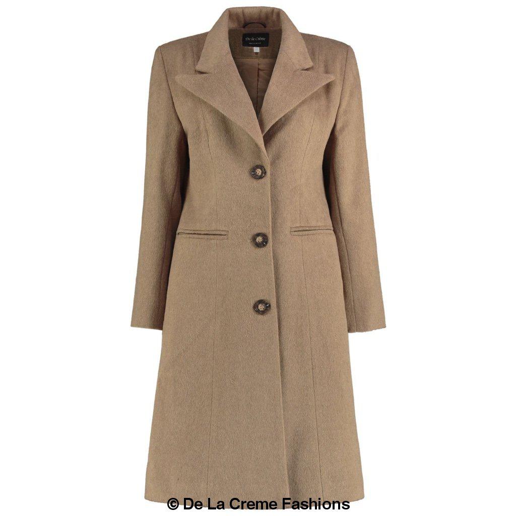 De La Creme women's mohair blend longline winter coat in beige, featuring a single-breasted design and front button closures.