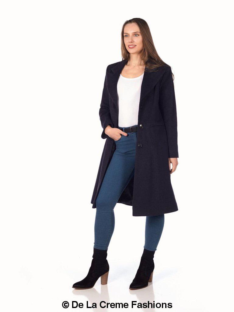 Woman modeling De La Creme Women's Mohair Blend Longline Winter Coat in navy, paired with blue jeans and black ankle boots.