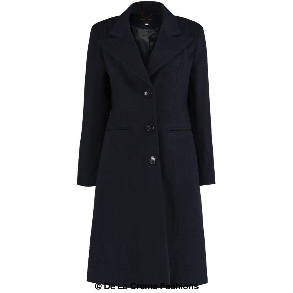 De La Creme women's black mohair blend longline winter coat with single-breasted design and button details.