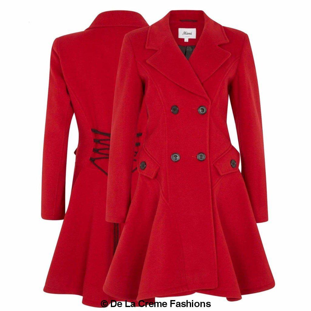 Red wool blend double-breasted skater coat from De La Creme Fashions showcasing elegant design with side lacing detail.