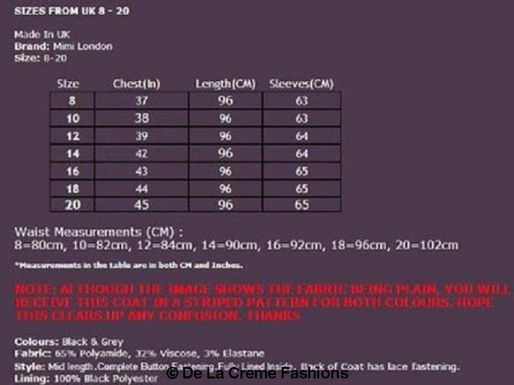 Detailed size chart for De La Creme Fashions Wool Blend Skater Coat, including chest, length, and sleeve measurements in both UK size and centimeters.