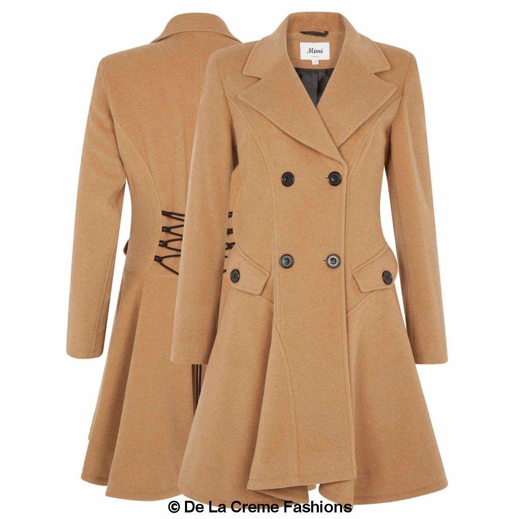 Wool Blend Double Breasted Skater Coat from De La Creme Fashions, tan color, showcasing elegant front and back views with button details