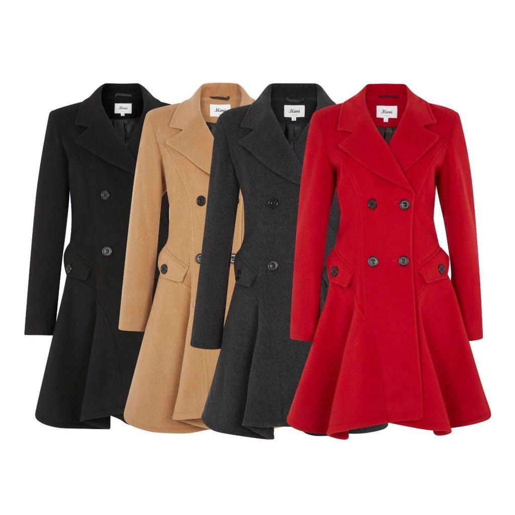 Group of Wool Blend Double Breasted Skater Coats in black, grey, beige, and red, stylishly arranged side by side.