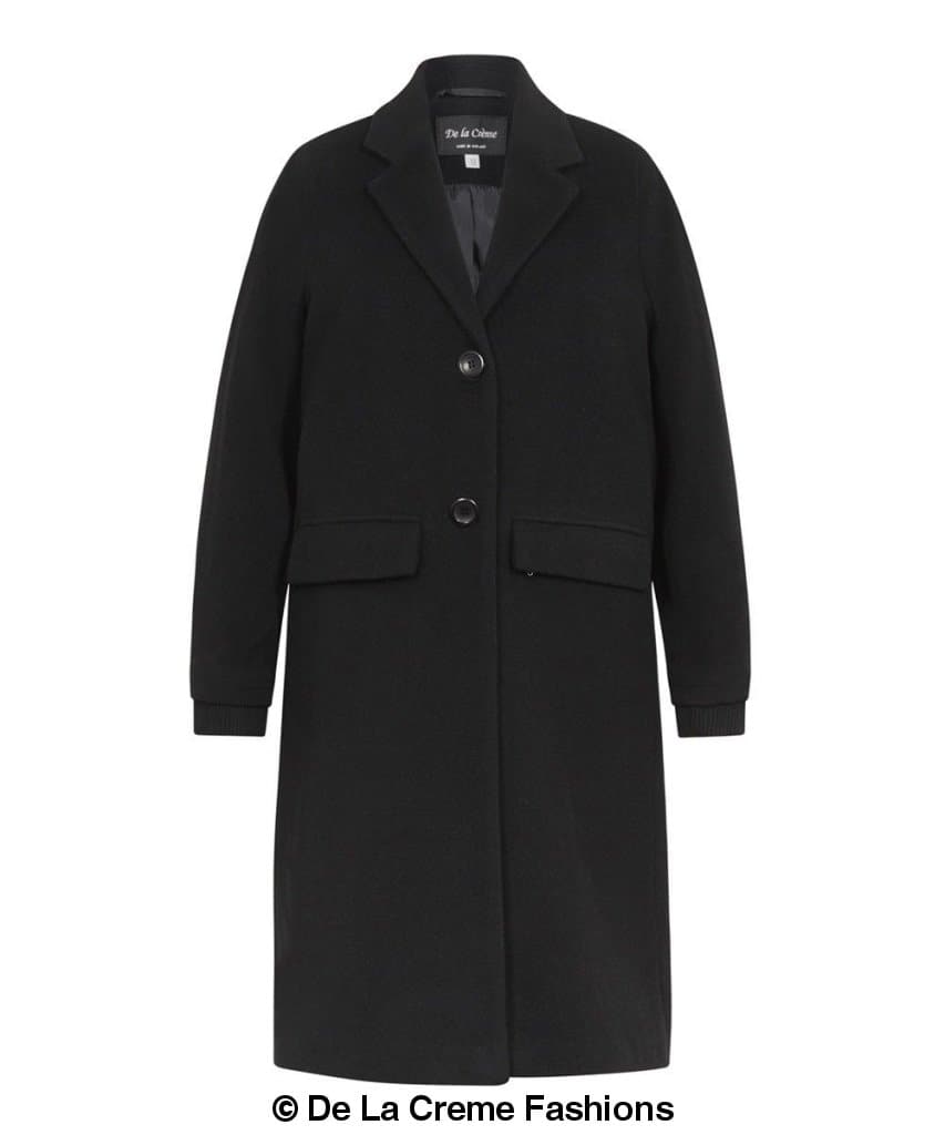 De La Creme black wool blend women's knee length coat with single-breasted fastening and side pockets