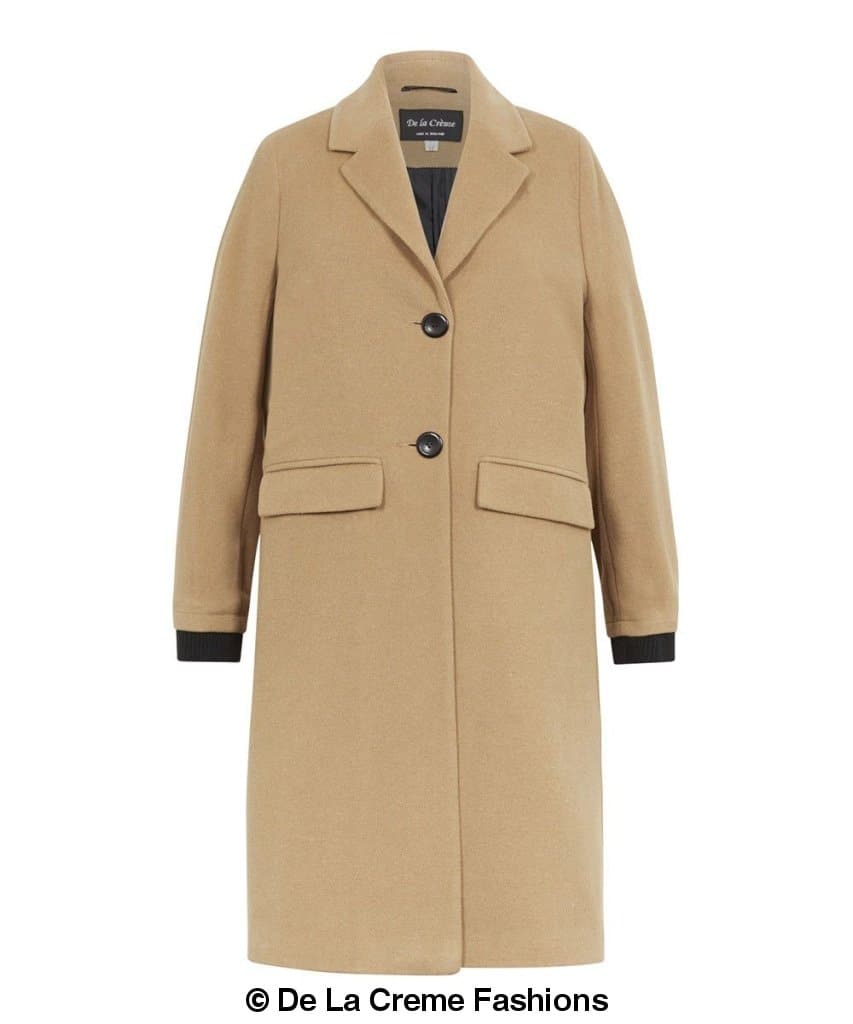 De La Creme camel wool blend knee-length coat with a single-breasted fastening and side pockets, displayed on a plain background.