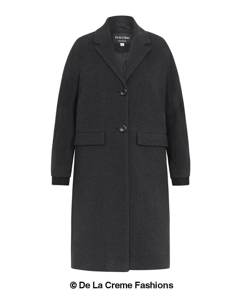 De La Creme women's charcoal wool and cashmere blend knee-length winter coat with single-breasted fastening and side pockets.