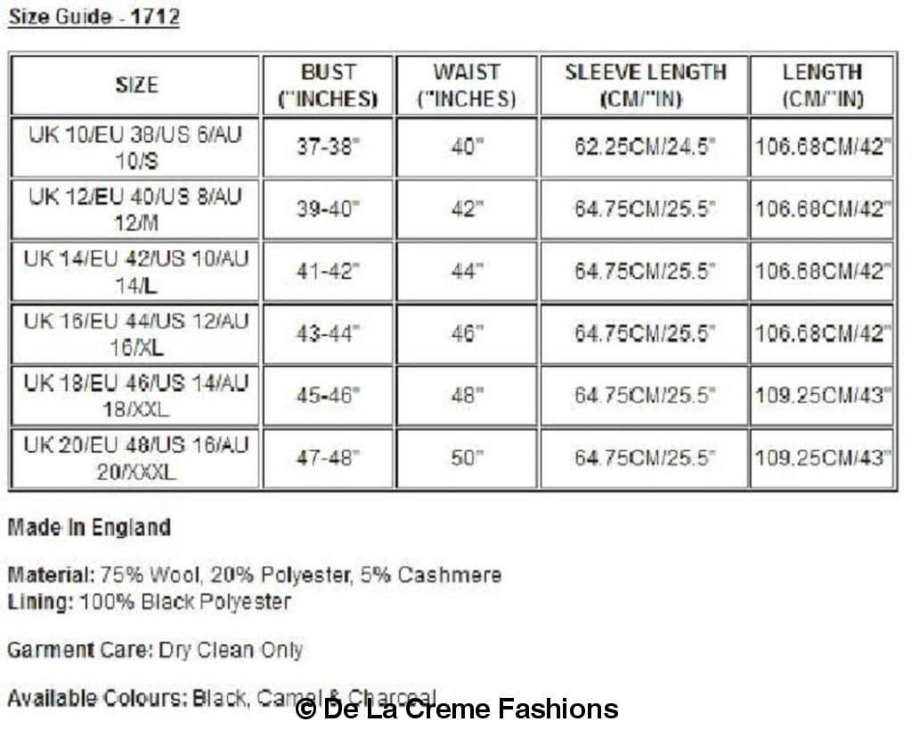 Size guide chart for De La Creme women's wool blend knee-length coat, showing bust, waist, sleeve length, and coat length dimensions in sizes UK 10 to UK 20, available in black, charcoal, and camel colors.