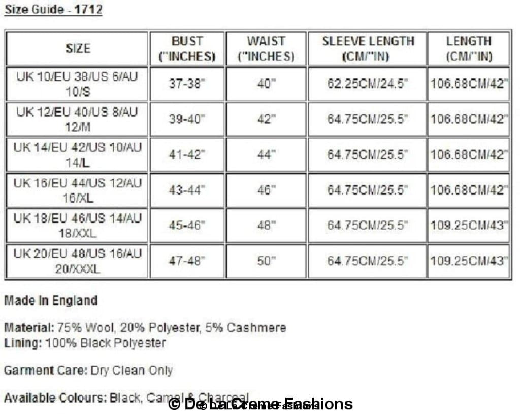 Sizing chart for De La Creme women's wool blend coat, showing sizes from UK 10 to UK 20 with bust, waist, sleeve length, and coat length details, available in black, charcoal, and camel.