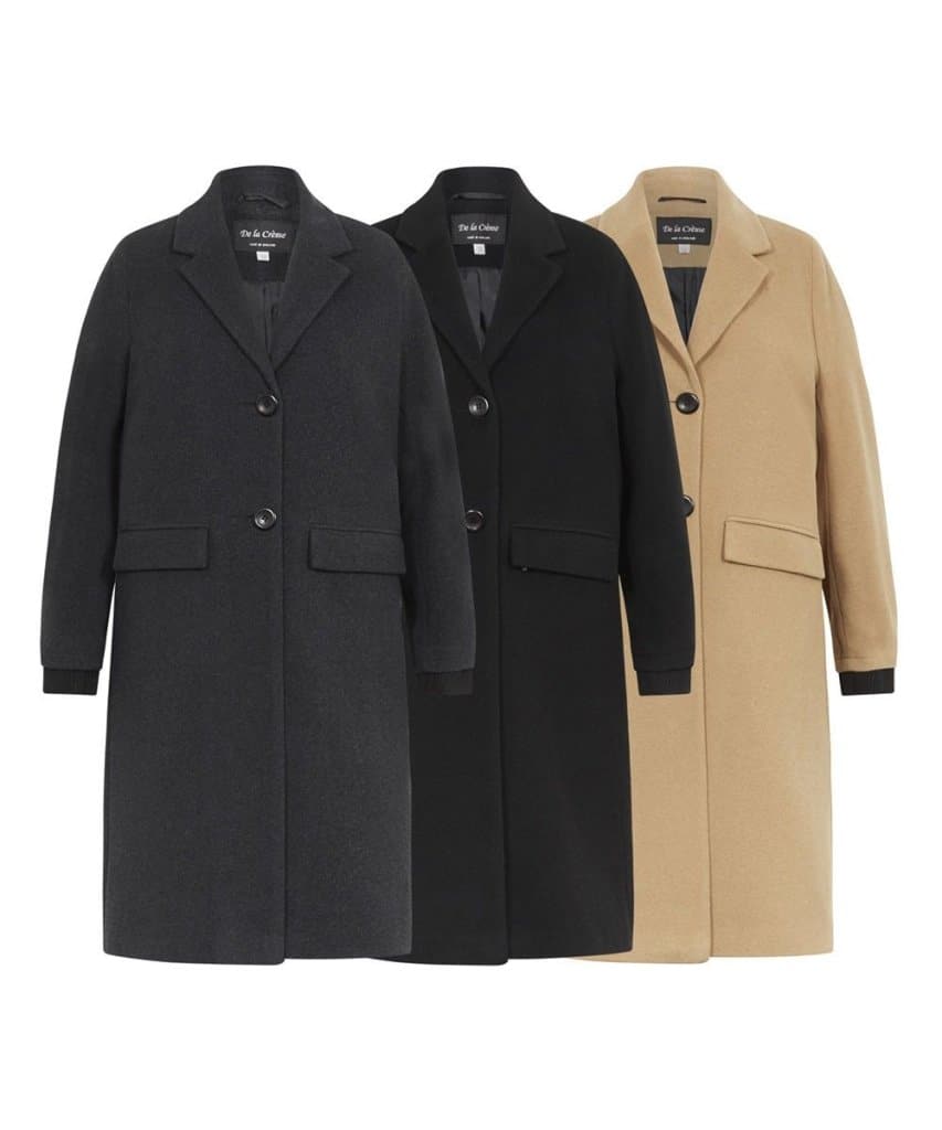 De La Creme women's wool blend knee-length coats in black, charcoal, and camel, single-breasted with side pockets.