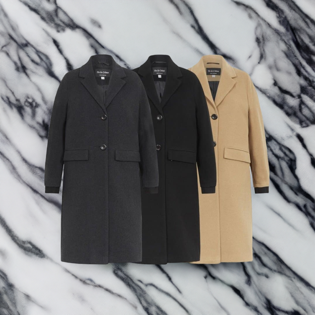 Three De La Creme women's wool blend knee-length coats in black, charcoal, and camel on a marble background.