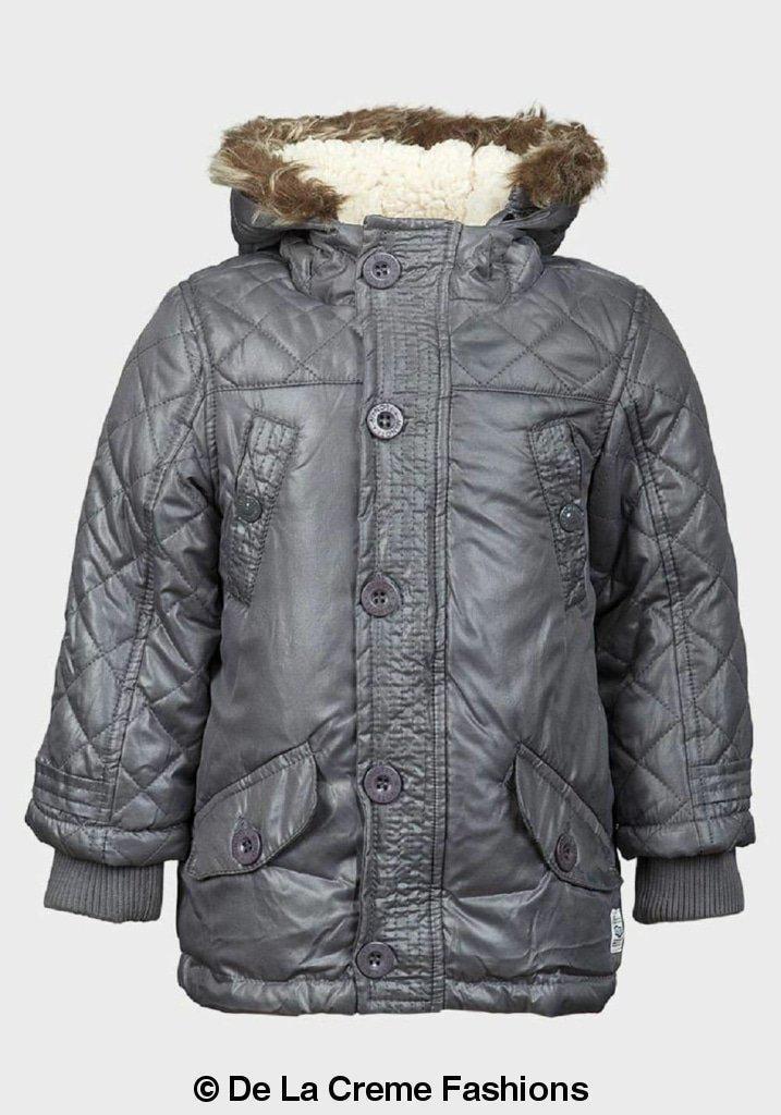 Minoti boys quilted winter padded jacket with faux fur hood in shiny grey