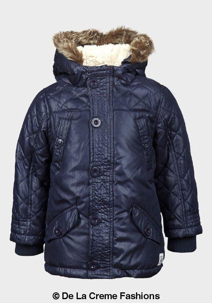 Minoti boys quilted winter padded jacket in ink navy with faux fur hooded detail displayed on a white background