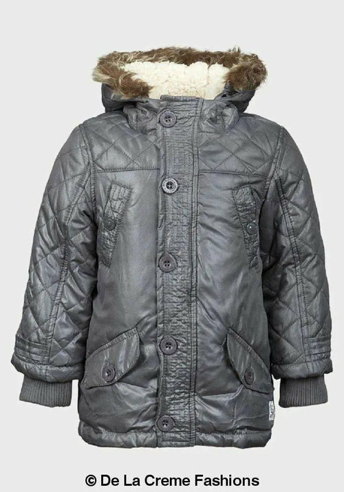 Minoti boys quilted winter padded jacket in shiny grey with faux fur hood, multiple pockets, and button details