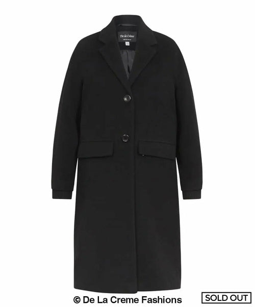 Black De La Creme wool and cashmere blend knee-length coat with single-breasted fastening and side pockets, sold out label visible.