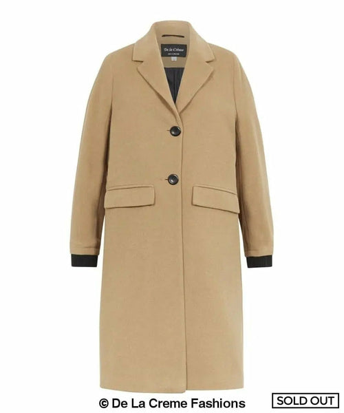 Camel De La Creme women's wool blend knee-length coat with single-breasted fastening and side pockets, sold out sign visible.