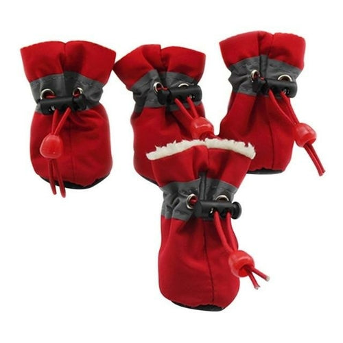 Set of four red Dogs Winter Warm Shoes with anti-slip soles and soft lining displayed on a white background.