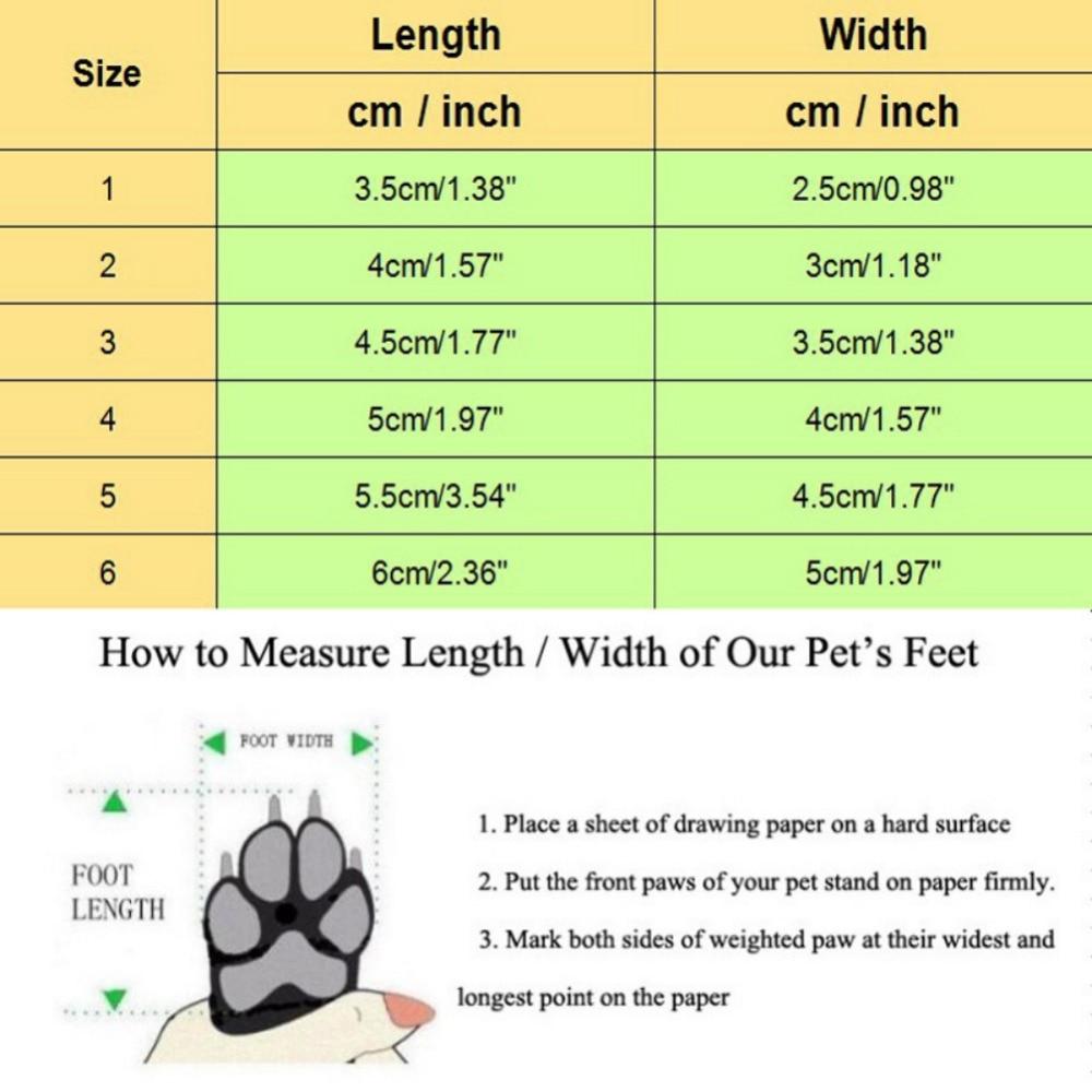 Size chart and measurement guide for dog shoes, including length and width in centimeters and inches, plus visual instructions on how to measure a pet's foot.