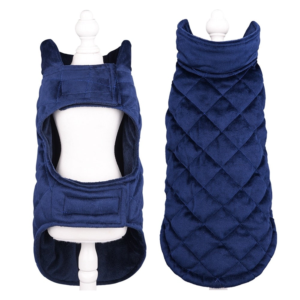 Blue cotton quilted Dogs Winter Warm Vest on mannequin, front and back view