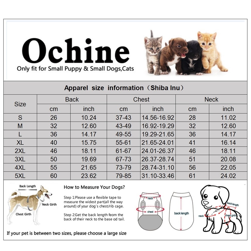 Size chart and measurement guide for Ochine dog vests for small puppies and cats, featuring various breeds including Shiba Inu.