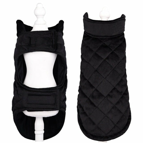 Black quilted Dogs Winter Warm Vest displayed on a mannequin, front and back view, designed for dog comfort and warmth.