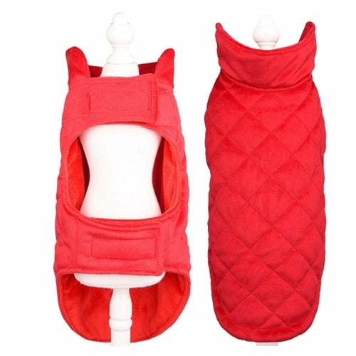 Red quilted Dogs Winter Warm Vest displayed on a mannequin, showcasing front and back design for pet comfort and warmth.