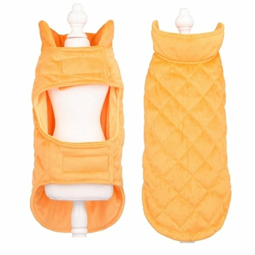 Front and back view of an orange Dogs Winter Warm Vest made from quilted cotton, displayed on a mannequin to show snug fit and breathability for pets.