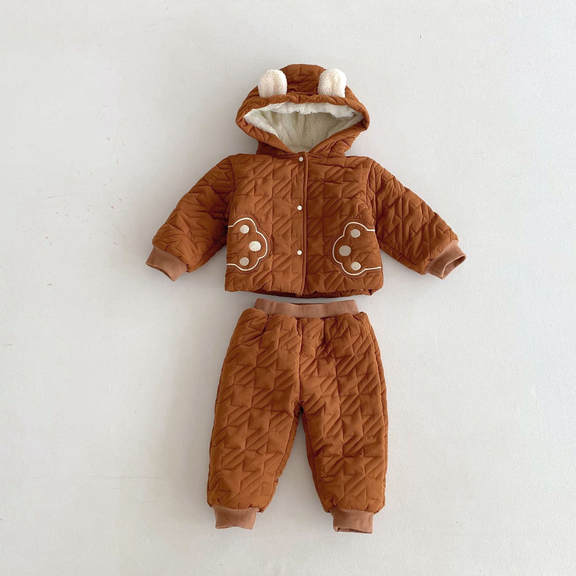 Winter infant baby unisex teddy paws pattern long sleeves coat with thick pants in brown, displayed on a neutral background.