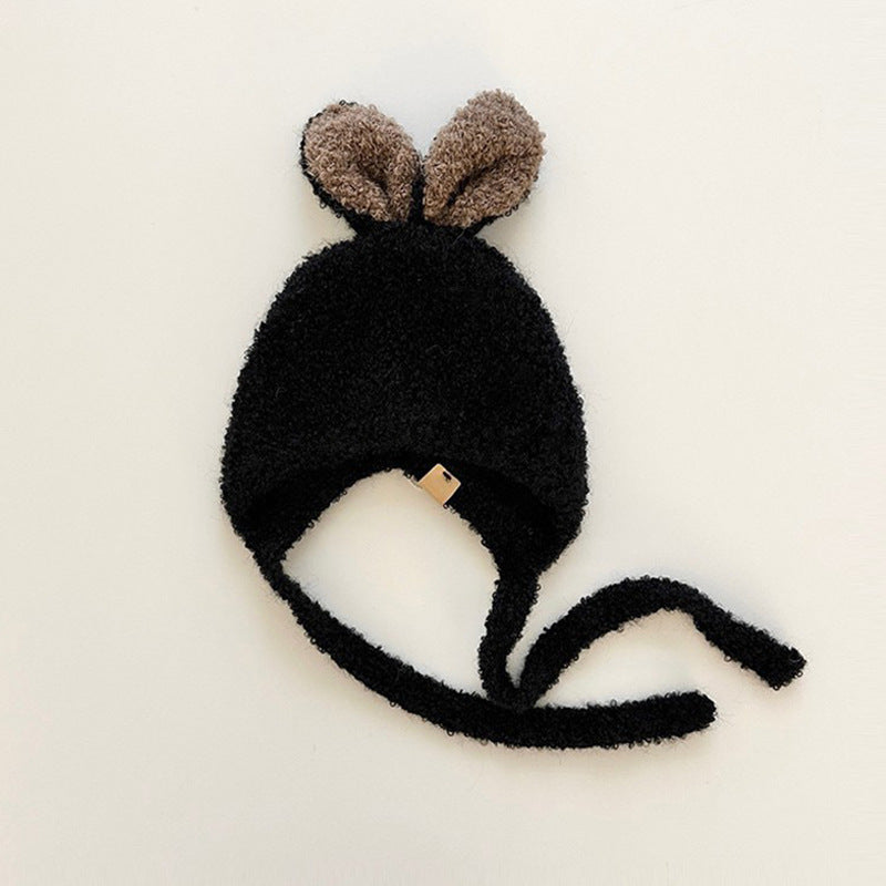 Black fleece balaclava for baby with cute rabbit ears design and soft cotton blend, perfect for winter and autumn warmth.