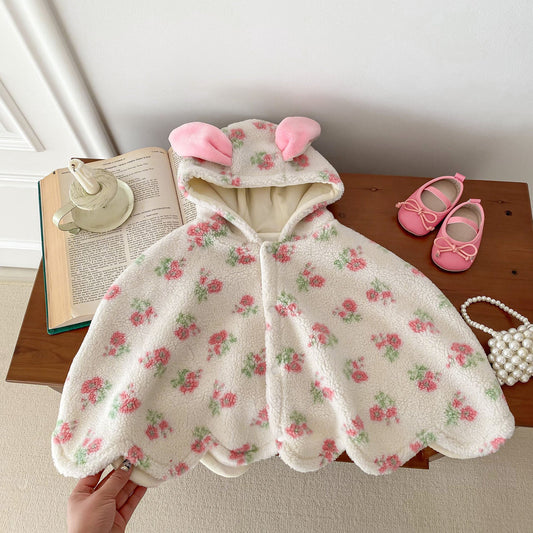 Autumn and Winter Baby Girl Floral Pattern Warm Cozy Fleece Cape