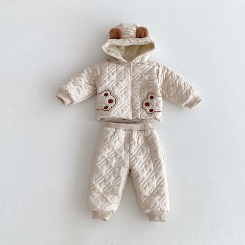 Winter Infant Baby Unisex Teddy Paws Pattern Long Sleeves Coat with Thick Pants in beige, displayed flat on white background.