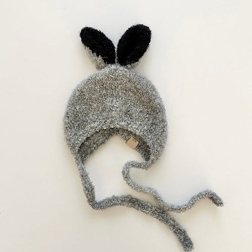 Gray fleece balaclava for baby with cute black rabbit ears design, perfect for keeping warm in winter and autumn.