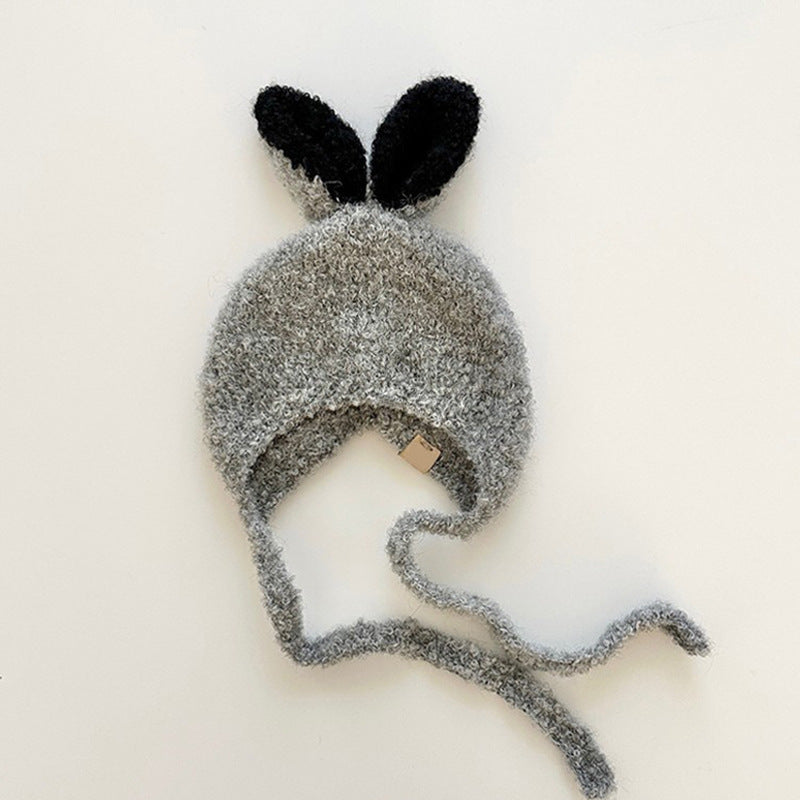 Gray fleece balaclava for baby with cute rabbit ears design, soft and warm for winter and autumn