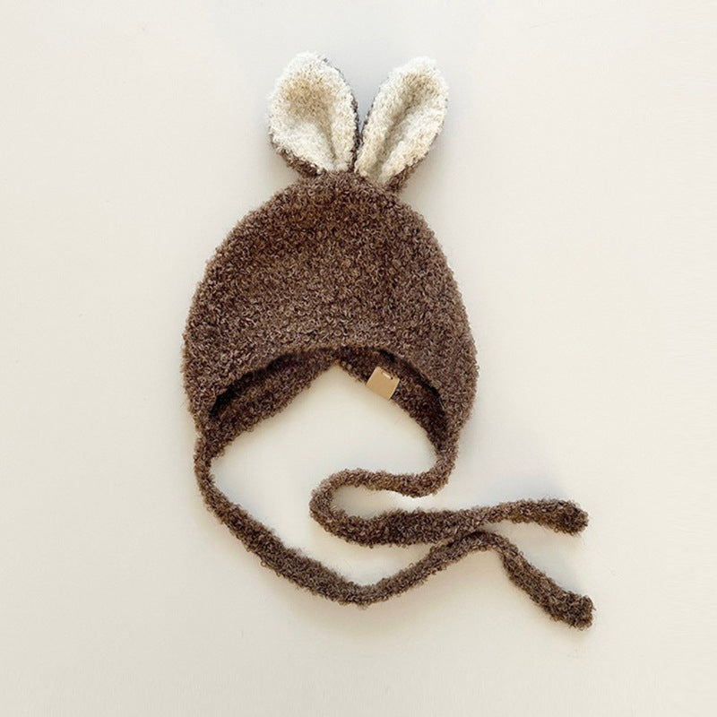 Brown fleece balaclava for babies with cute white rabbit ears, designed for warmth in winter and autumn.